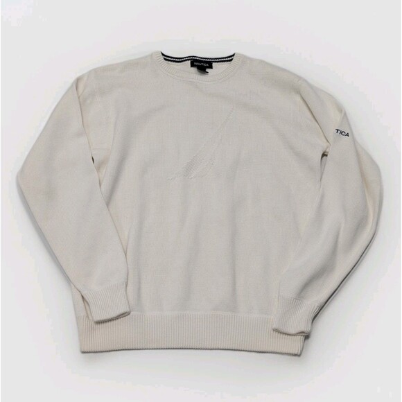 Nautica Size Large Cream Crew Neck Hidden Monogram Cotton Sweater - Picture 1 of 7